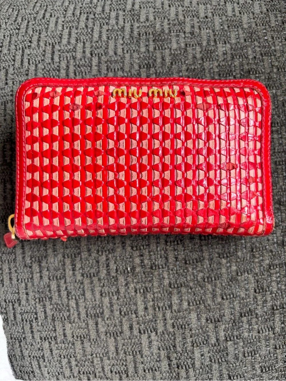 Miu Miu Bright Red Woven Zip-Around Wallet
